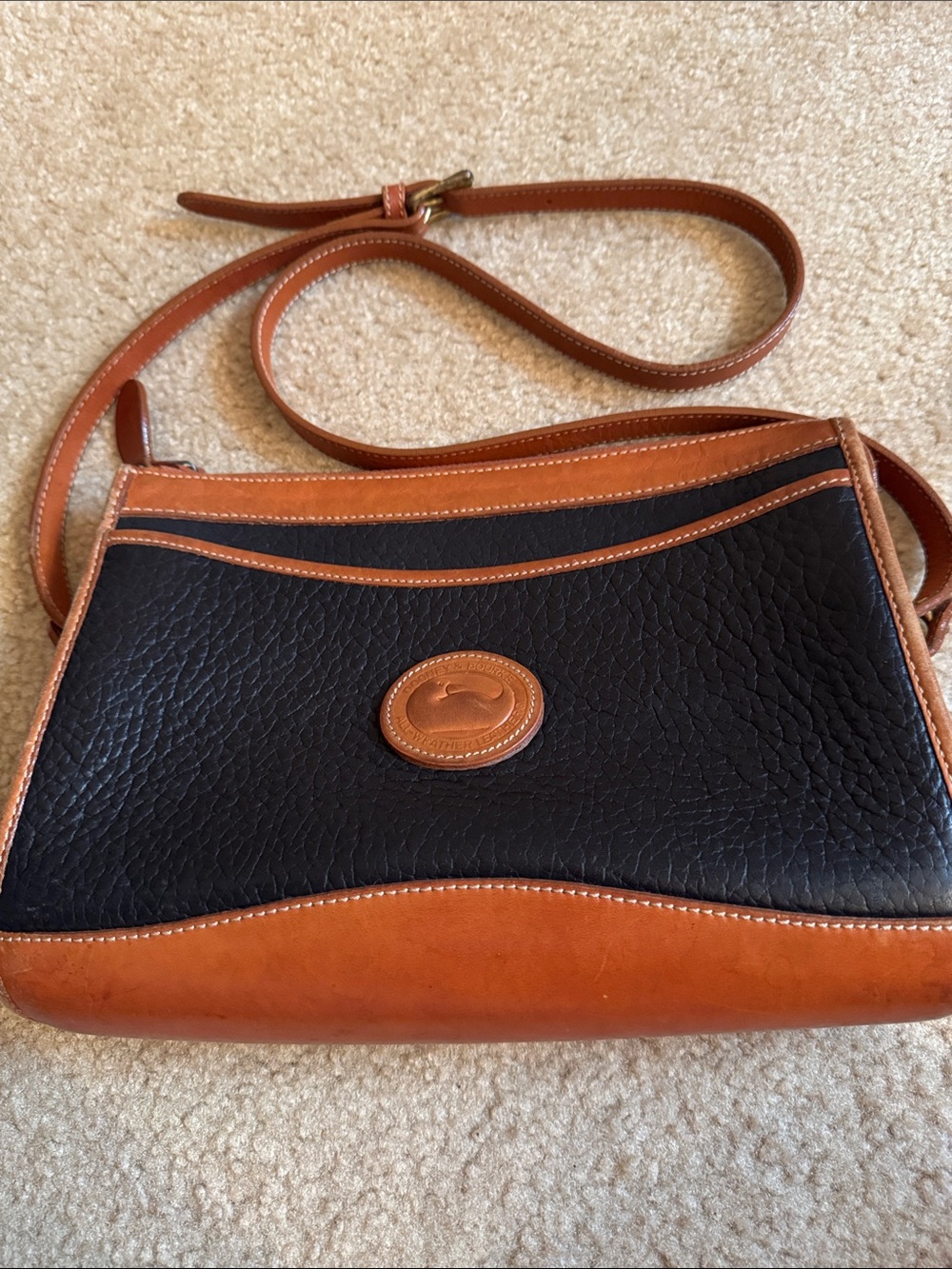 Dooney & Bourke - Black Pebbled Leather Crossbody with Brown Trim and Strap